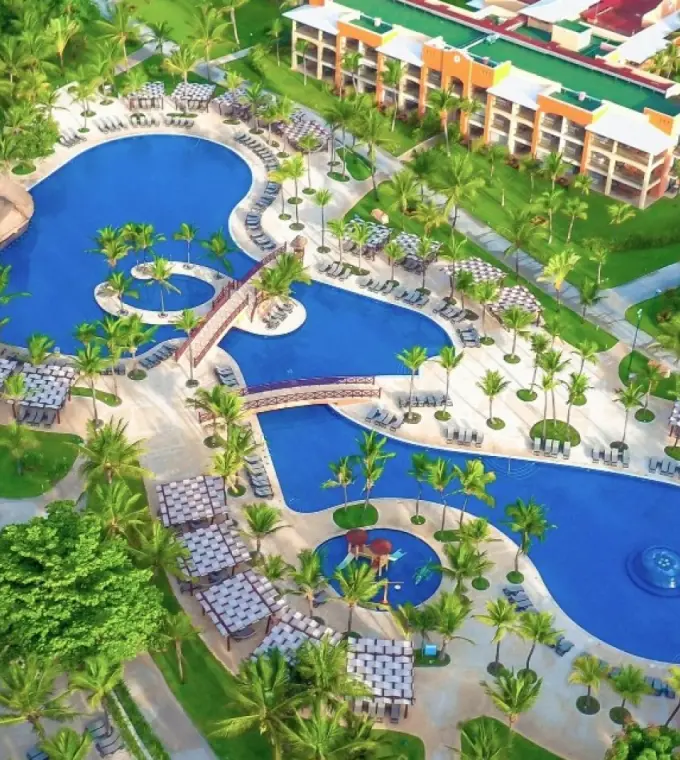 Aerial view of the swimming pools and grounds at Barcelo Maya Colonial, Riviera Maya
