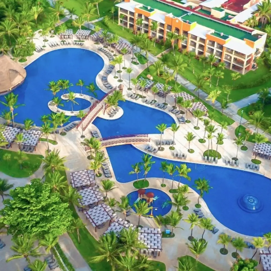 Aerial view of the swimming pools and grounds at Barcelo Maya Colonial, Riviera Maya