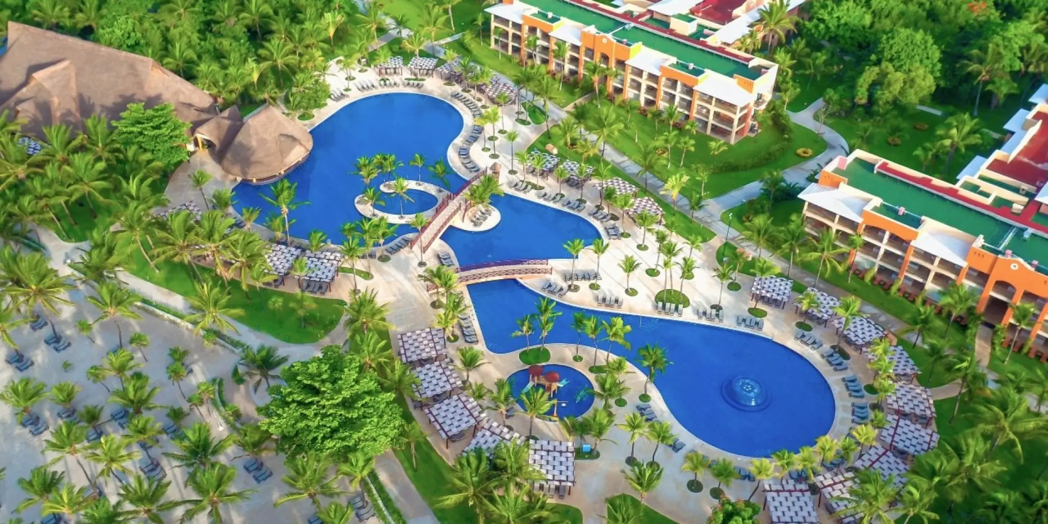 Aerial view of the swimming pools and grounds at Barcelo Maya Colonial, Riviera Maya