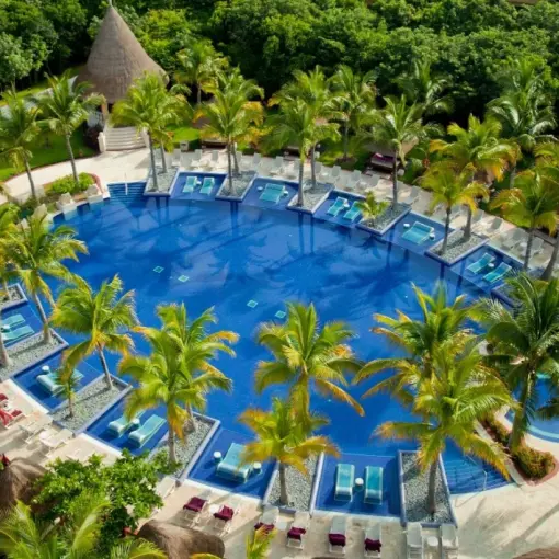 Aerial view of the circular swimming pool surrounded by palm trees at Barcelo Maya Palace, Riviera Maya