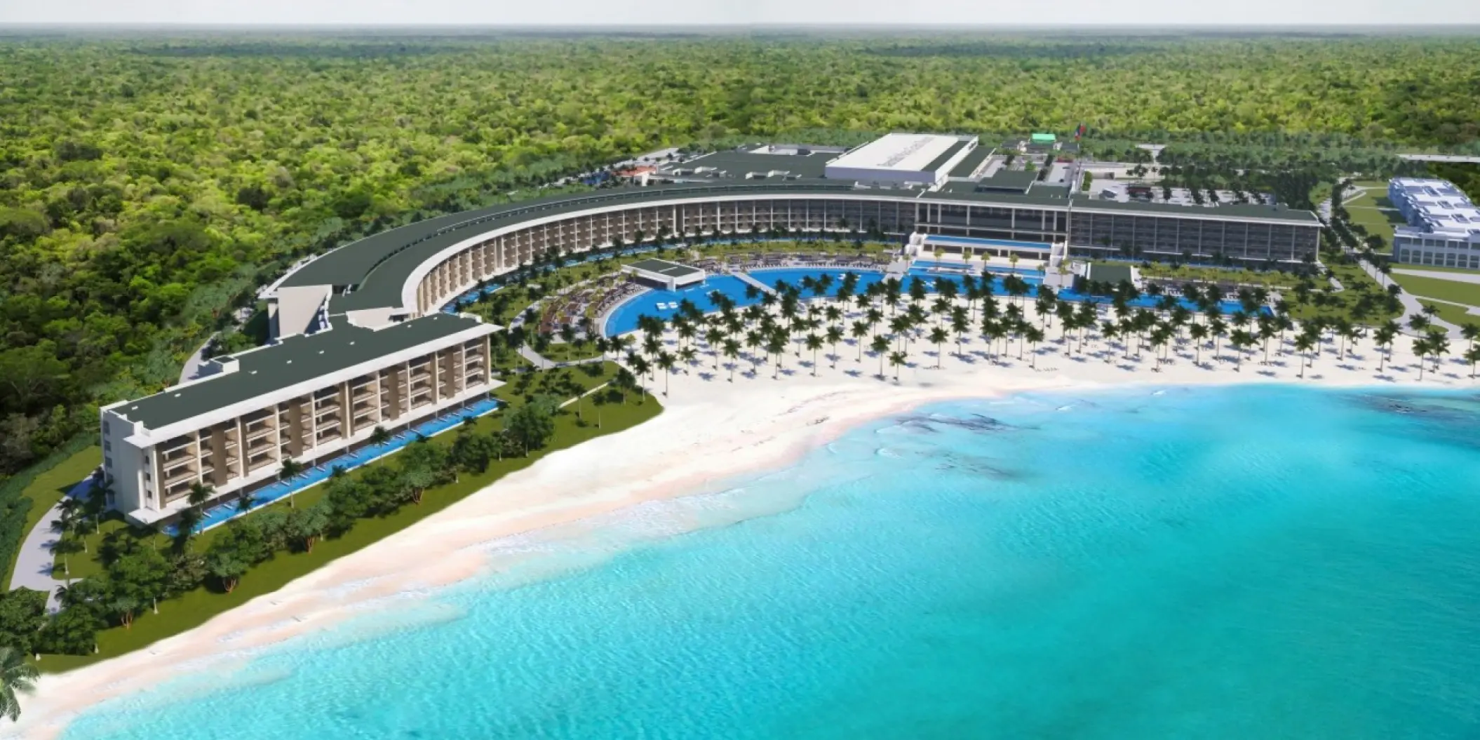 Aerial view of Barcelo Maya Riviera beachfront and pool complex, Riviera Maya