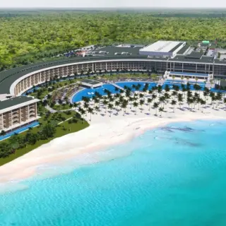 Aerial view of Barcelo Maya Riviera beachfront and pool complex, Riviera Maya