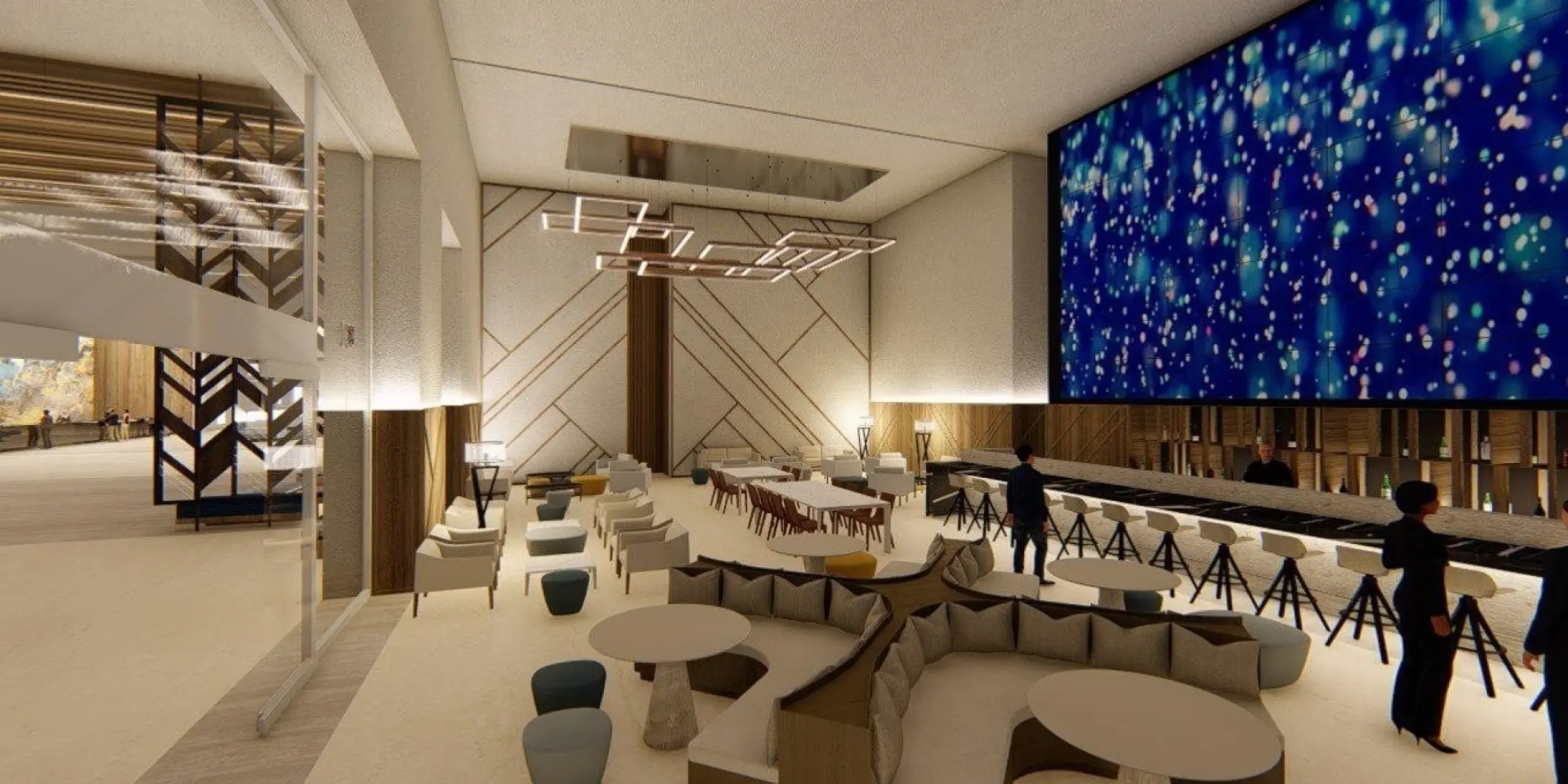 Modern restaurant and lounge with a large blue LED wall at Barcelo Maya Riviera, Riviera Maya