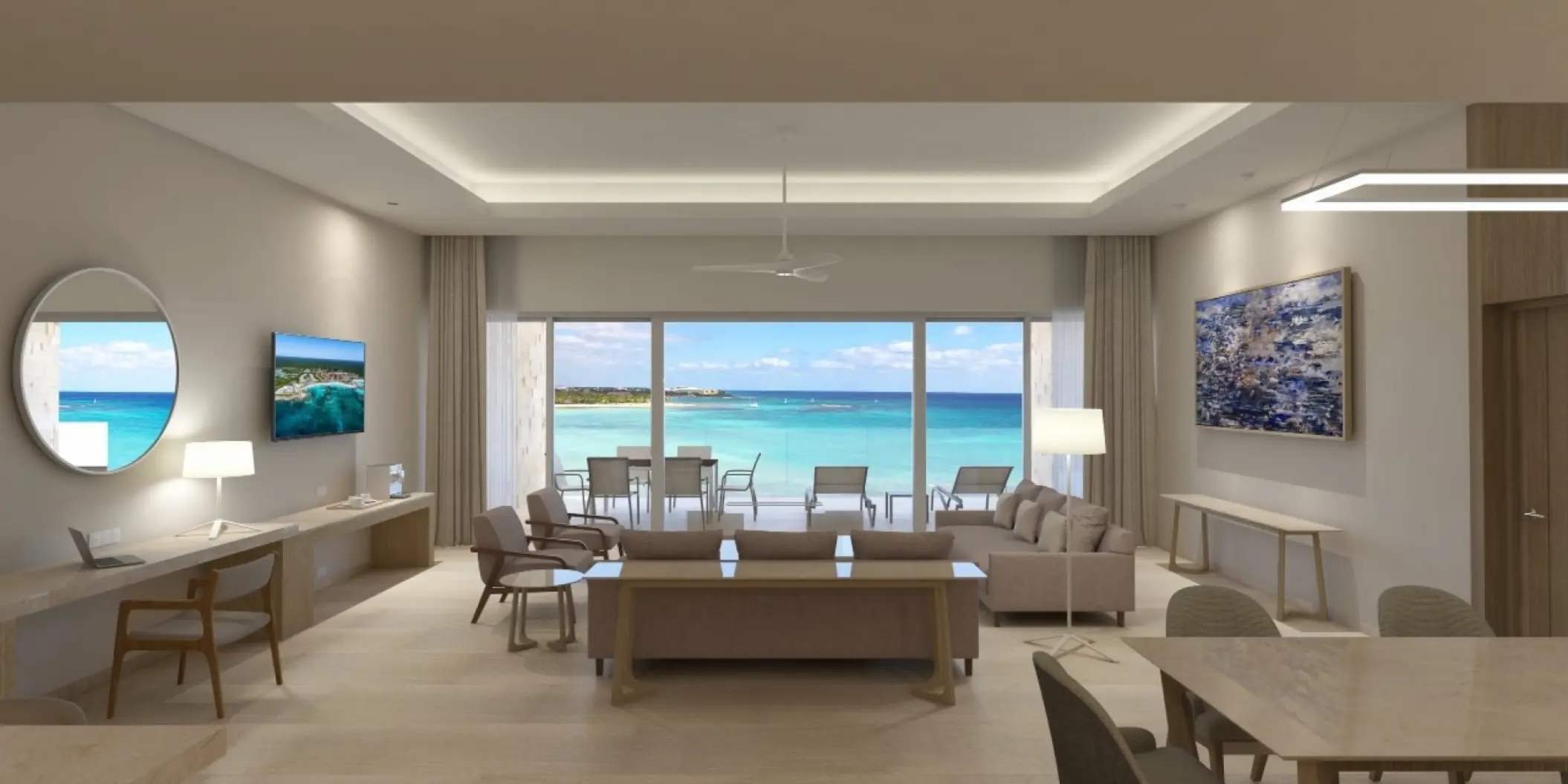 Modern suite living area with ocean views at Barcelo Maya Riviera, Riviera Maya