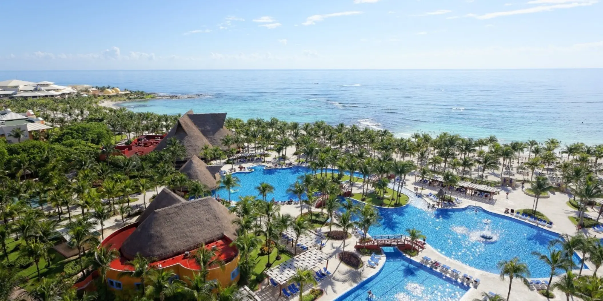 Aerial view of the pools and beachfront at Barcelo Maya Tropical, Riviera Maya
