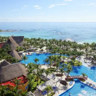 Aerial view of the pools and beachfront at Barcelo Maya Tropical, Riviera Maya