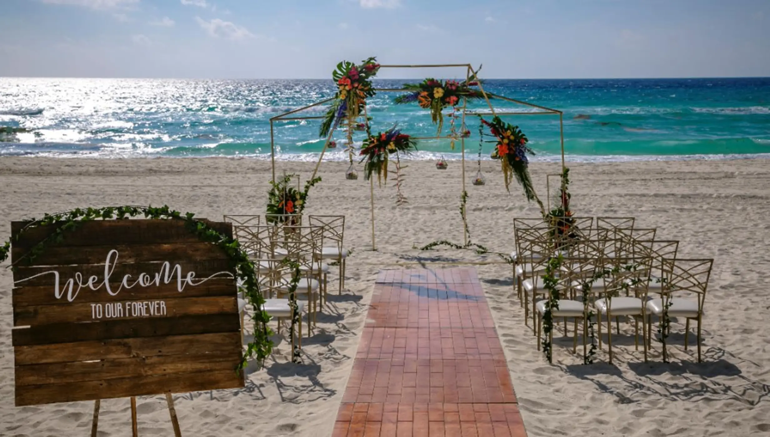 Ceremony decor on the beach wedding venue at Paradisus Cancun