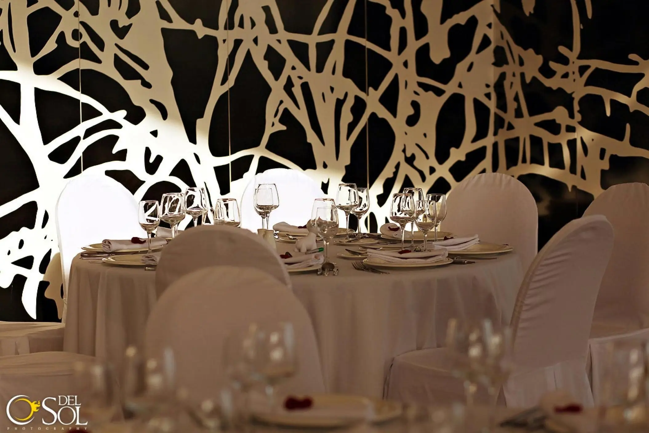 Elegant wedding reception table with white linens at Blue Diamond Luxury Boutique Hotel, Playa Del Carmen