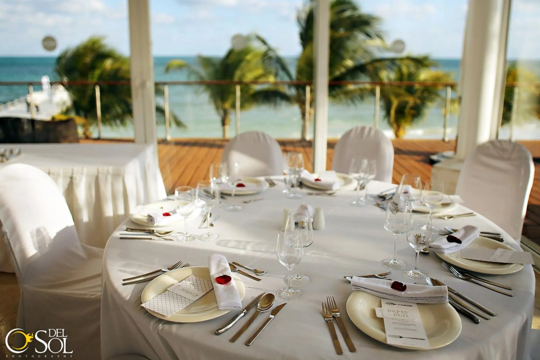 Indoor wedding reception table with ocean views at Blue Diamond Boutique Hotel, Playa Del Carmen