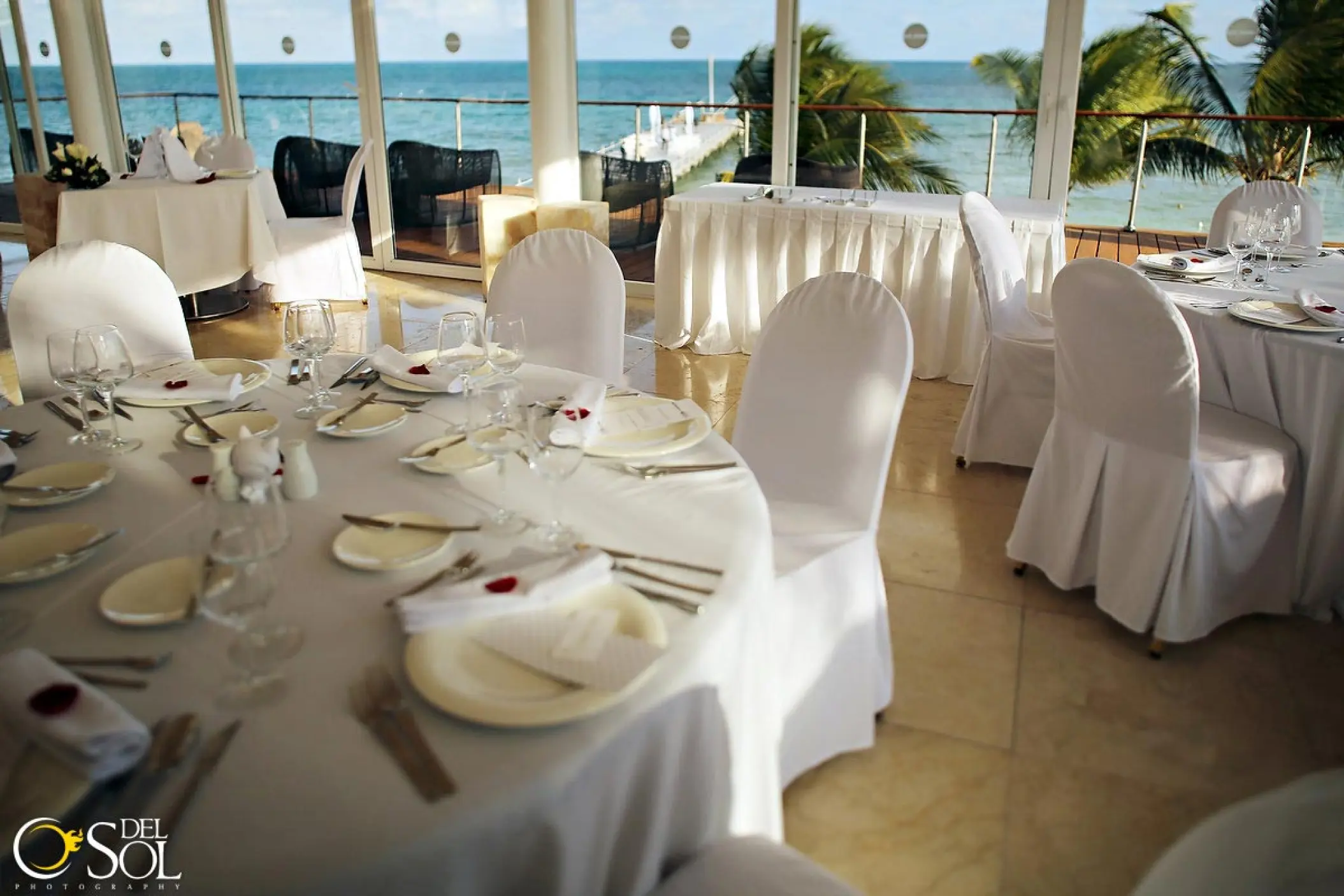 Indoor wedding reception setup with ocean views at Blue Diamond Luxury Boutique Hotel, Playa Del Carmen