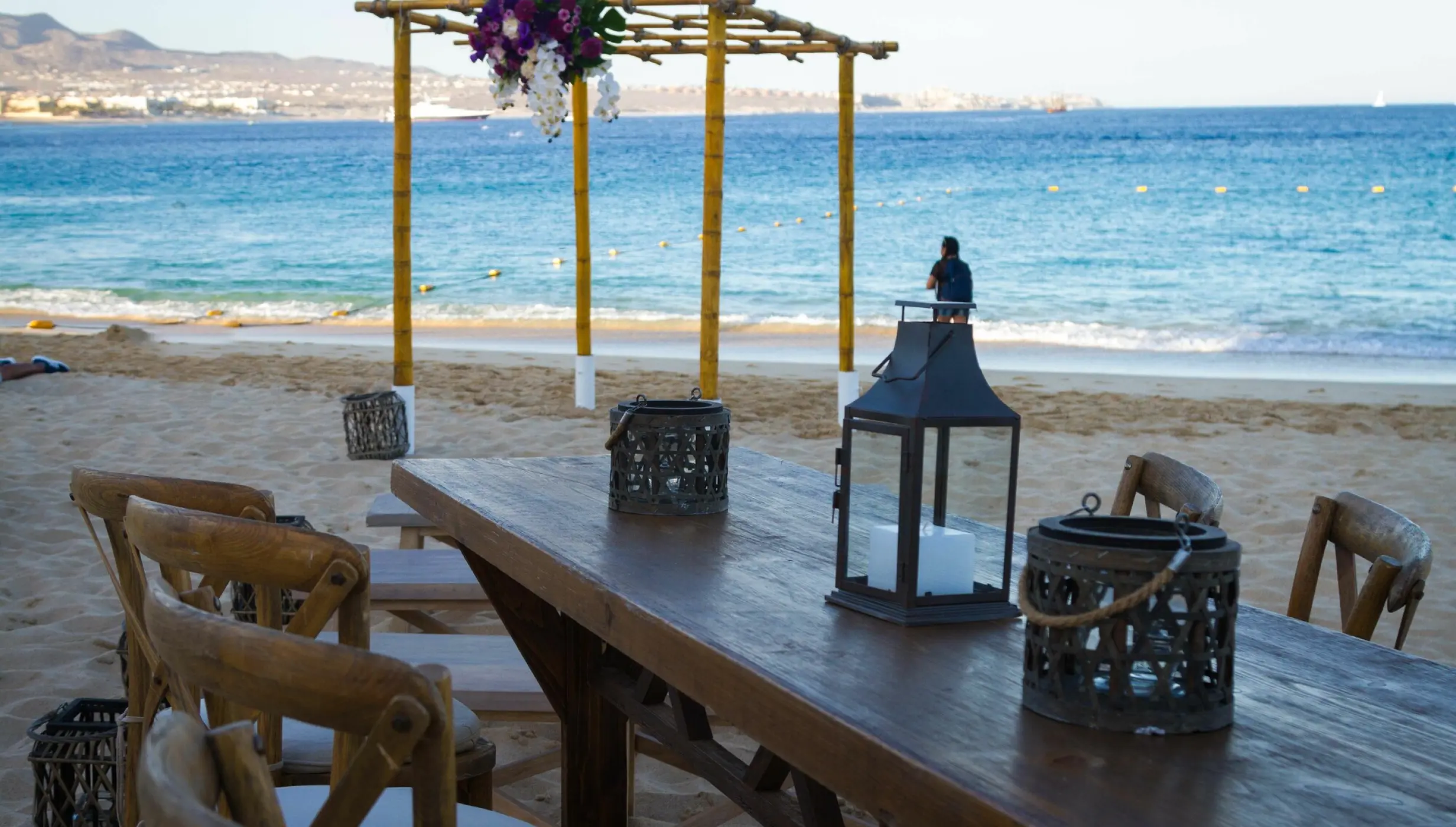 Ceremony decor on the beach at Breathless Cabo San Lucas Resort and Spa