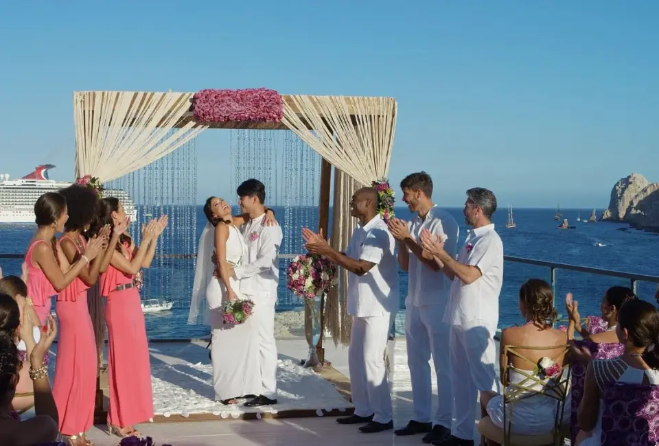 Symbolic ceremony on the purple rooftop wedding venue at Breathless Cabo San Lucas Resort and Spa