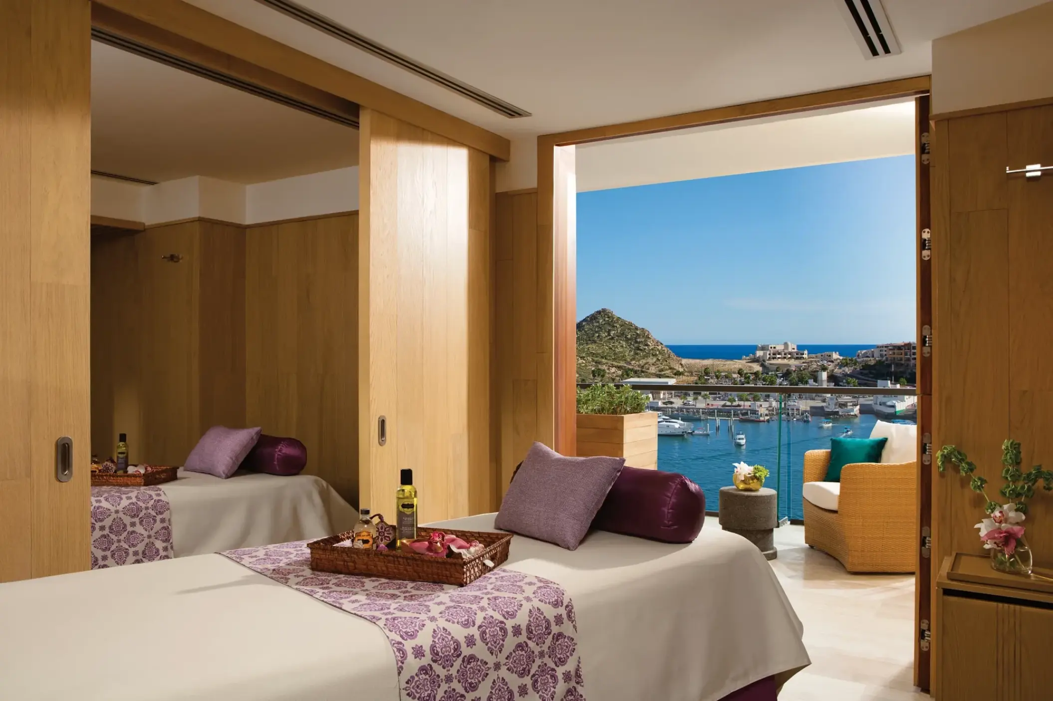 Spa treatment room with marina views at Breathless Cabo San Lucas