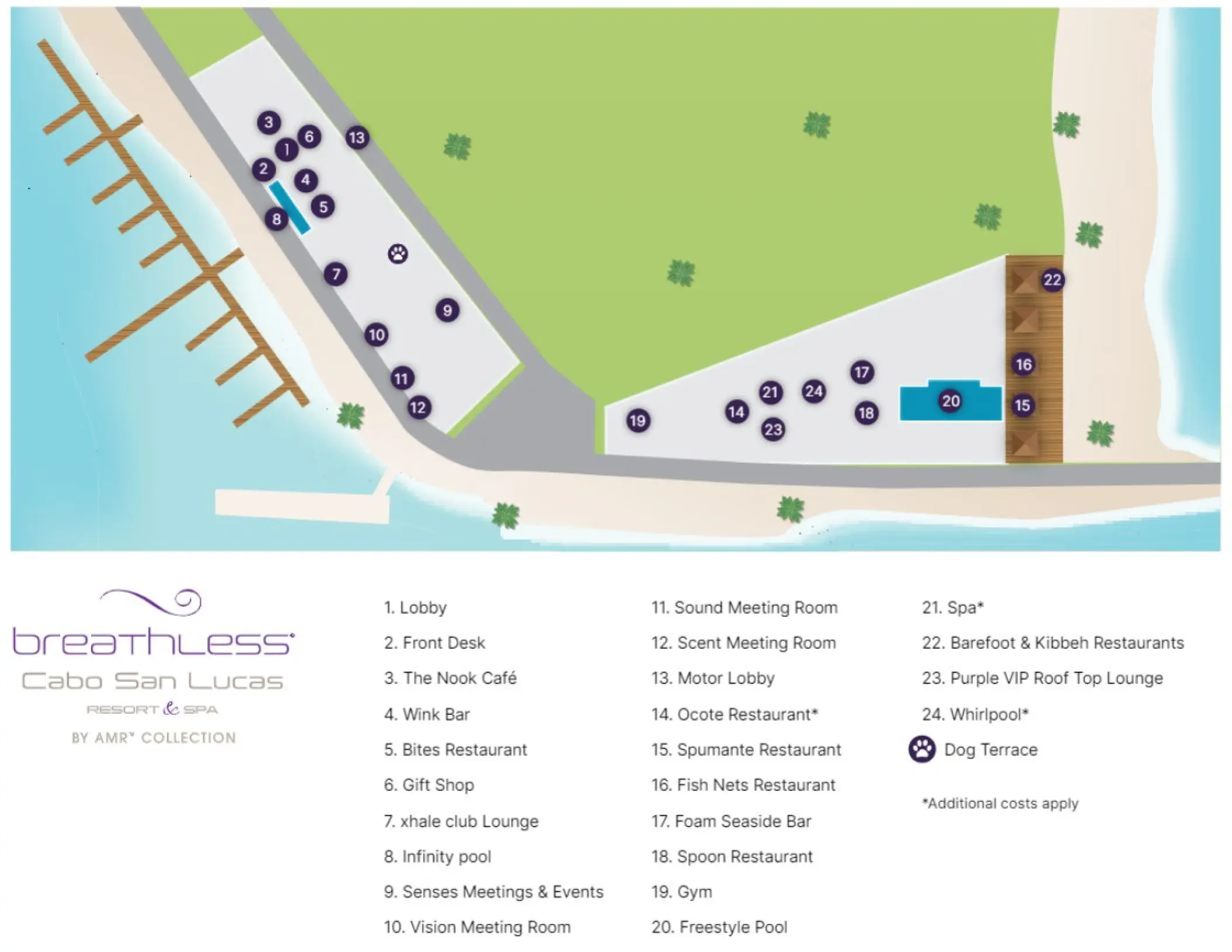 Map graphic showing the facilities and layout of Breathless Cabo San Lucas