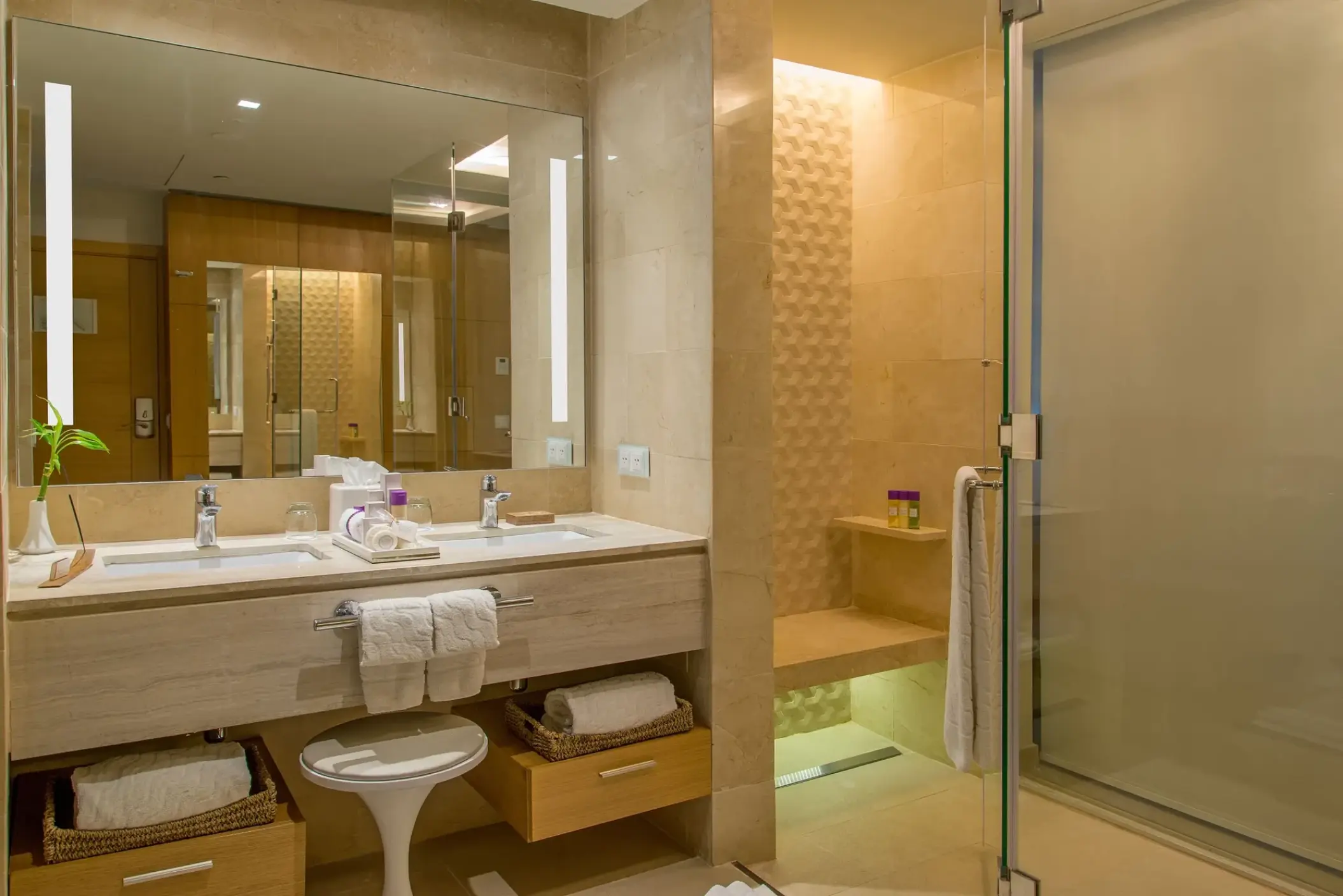 Modern bathroom with double vanity and walk-in shower at Breathless Montego Bay, Montego Bay