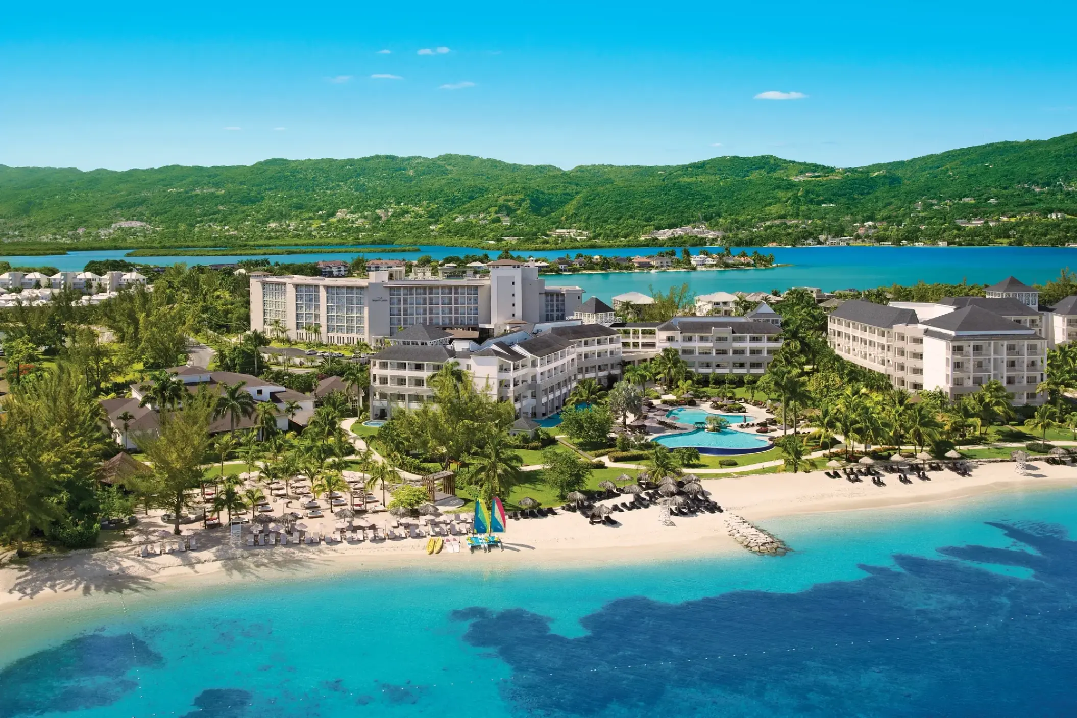 Aerial view of Breathless Montego Bay buildings and private beach, Montego Bay