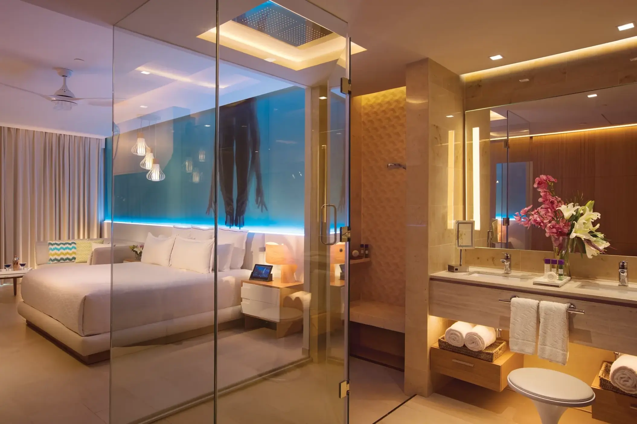 Modern junior suite bedroom and bathroom at Breathless Montego Bay, Montego Bay
