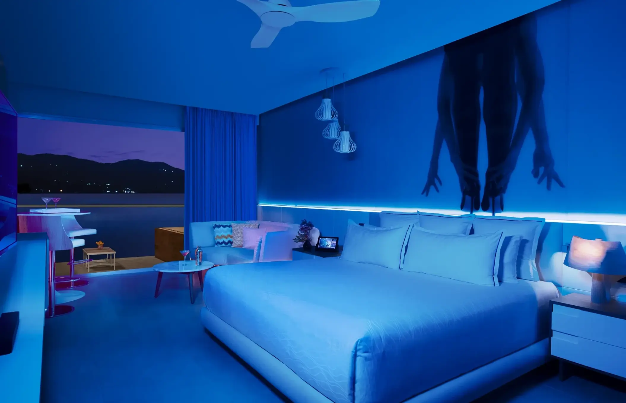 Modern suite with blue mood lighting and mountain views at Breathless Montego Bay, Montego Bay
