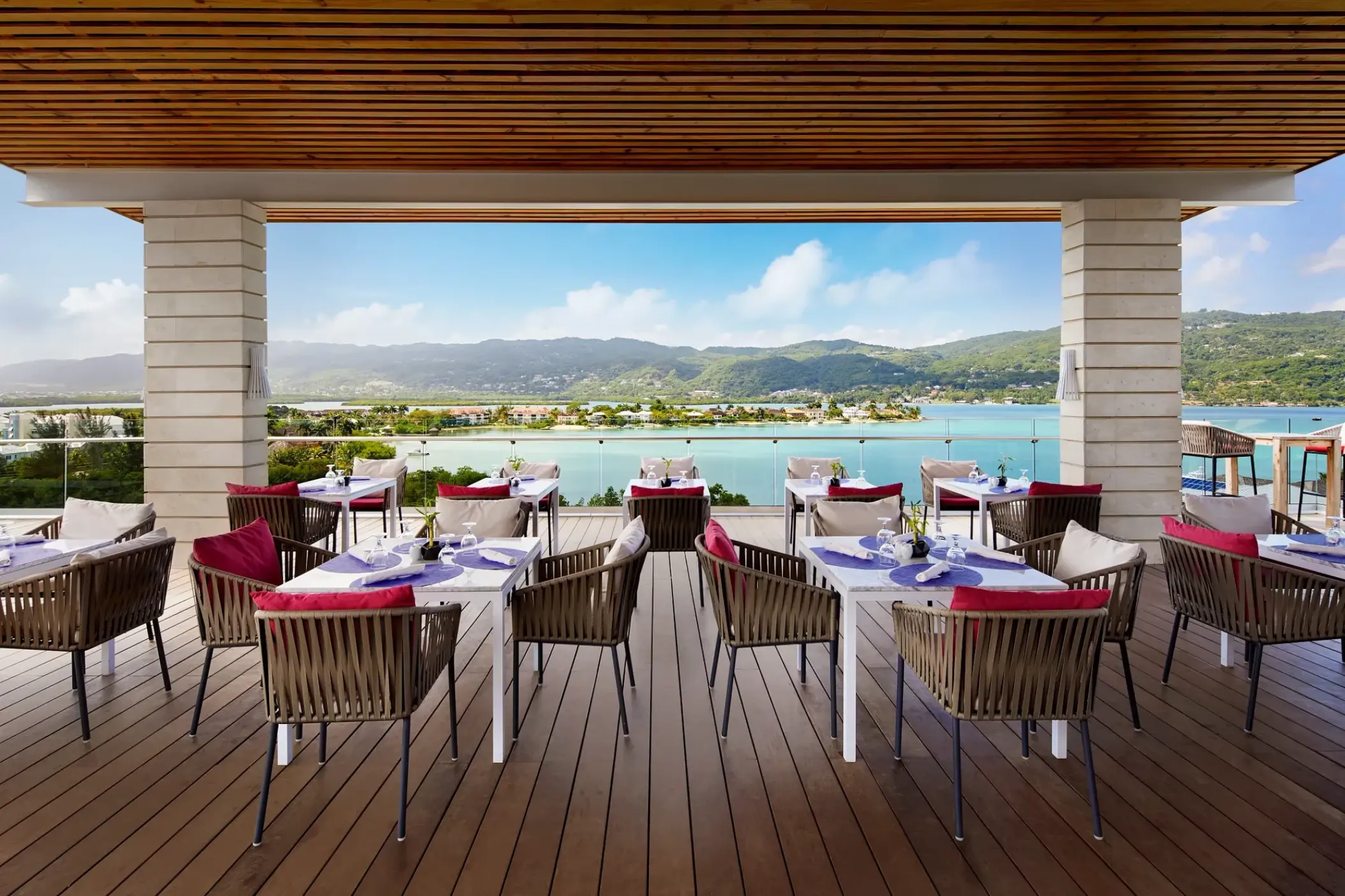 Altitude rooftop restaurant at Breathless Montego Bay overlooking the bay and mountains, Montego Bay