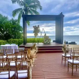 Wooden gazebo wedding ceremony setup overlooking the ocean at Breathless Montego Bay, Jamaica