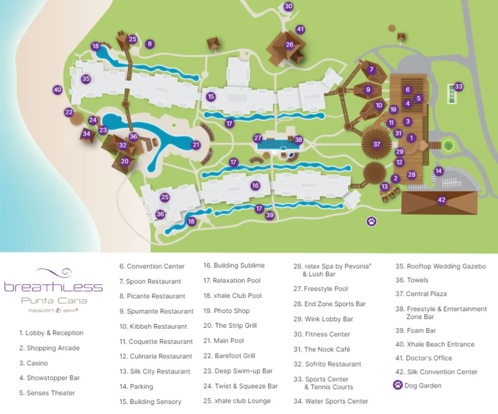 Resort map of Breathless Punta Cana showing pools, restaurants, and room buildings