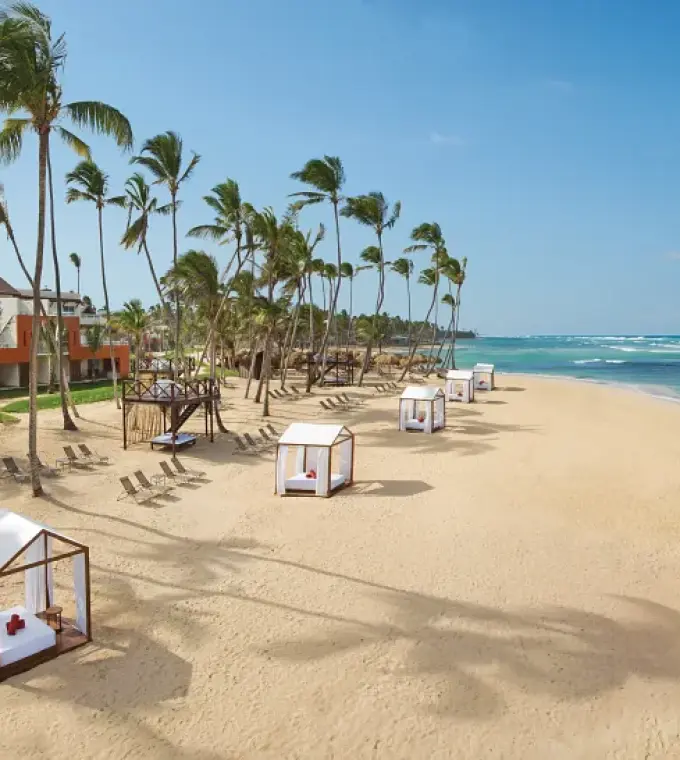 Breathless Punta Cana panoramic beachfront with palm trees and cabanas, Punta Cana
