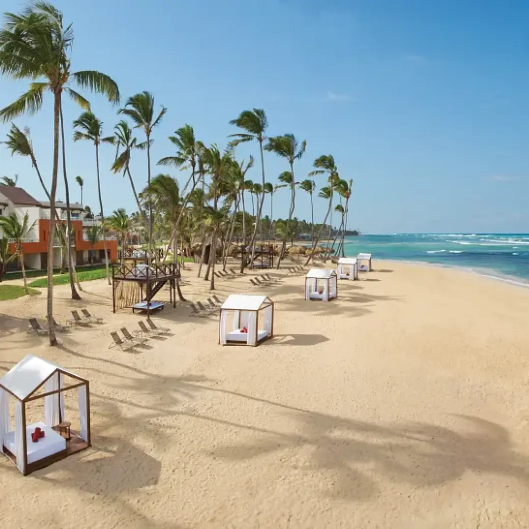 Breathless Punta Cana panoramic beachfront with palm trees and cabanas, Punta Cana