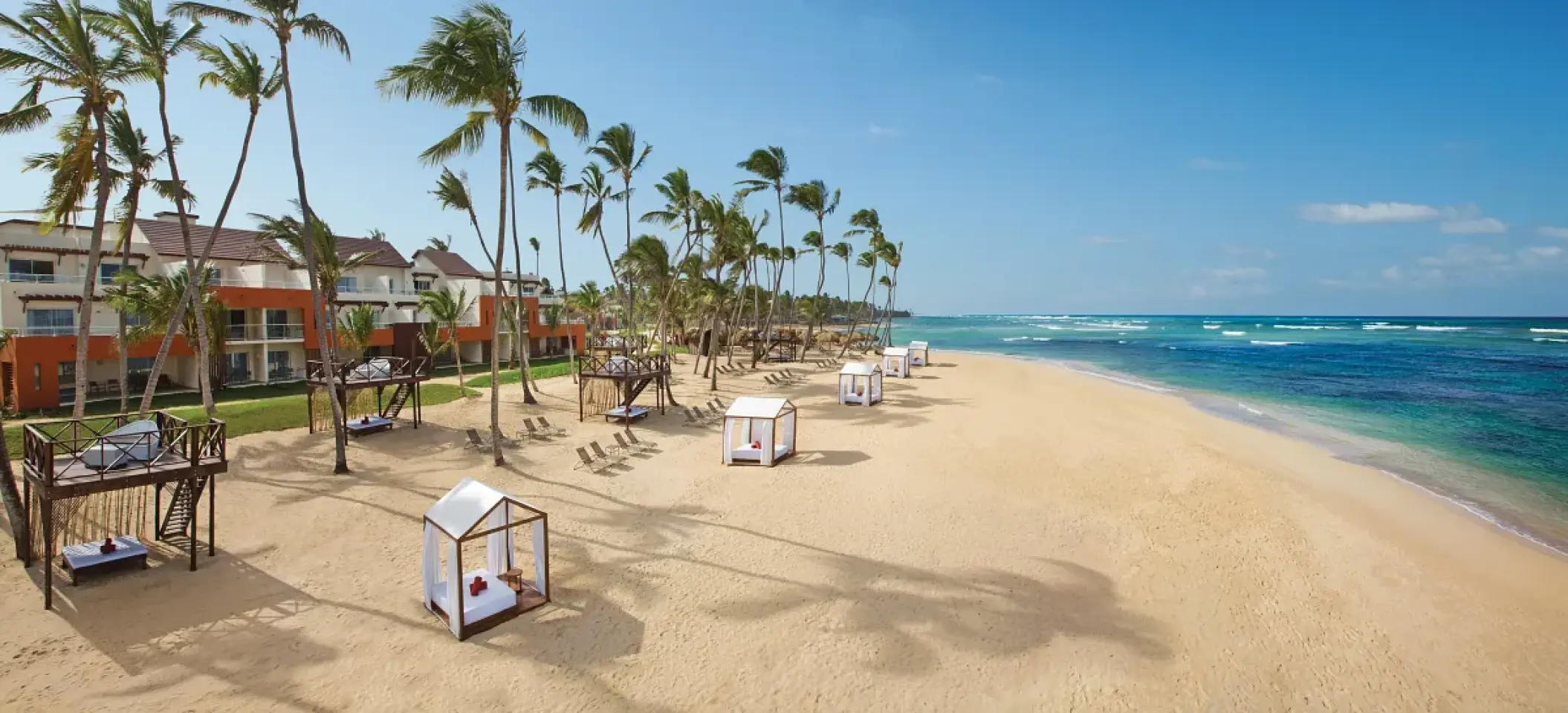 Breathless Punta Cana panoramic beachfront with palm trees and cabanas, Punta Cana