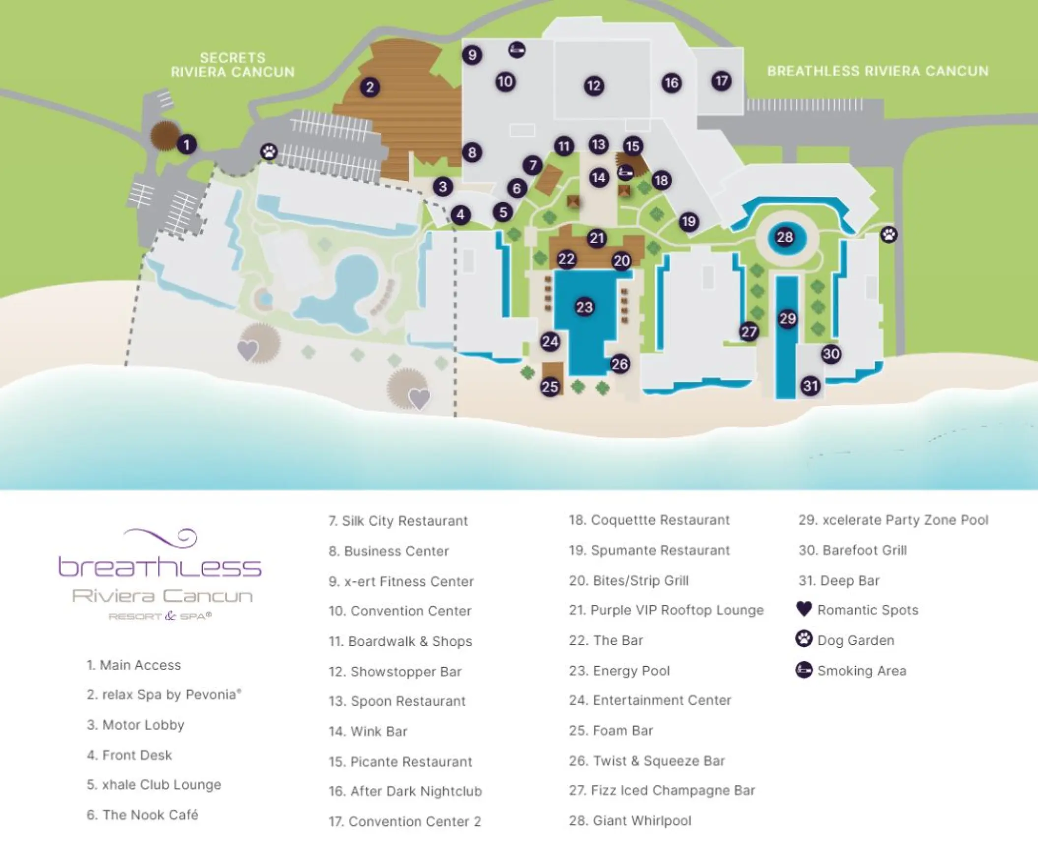 Resort map of Breathless Riviera Cancun showing pools, restaurants, and amenities, Riviera Maya