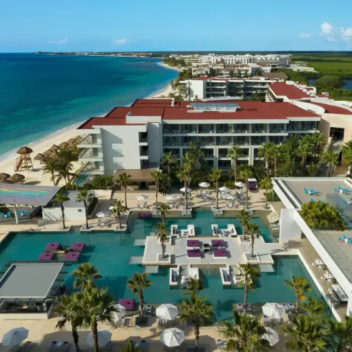 Aerial view of Breathless Riviera Cancun beach and pool area, Riviera Maya