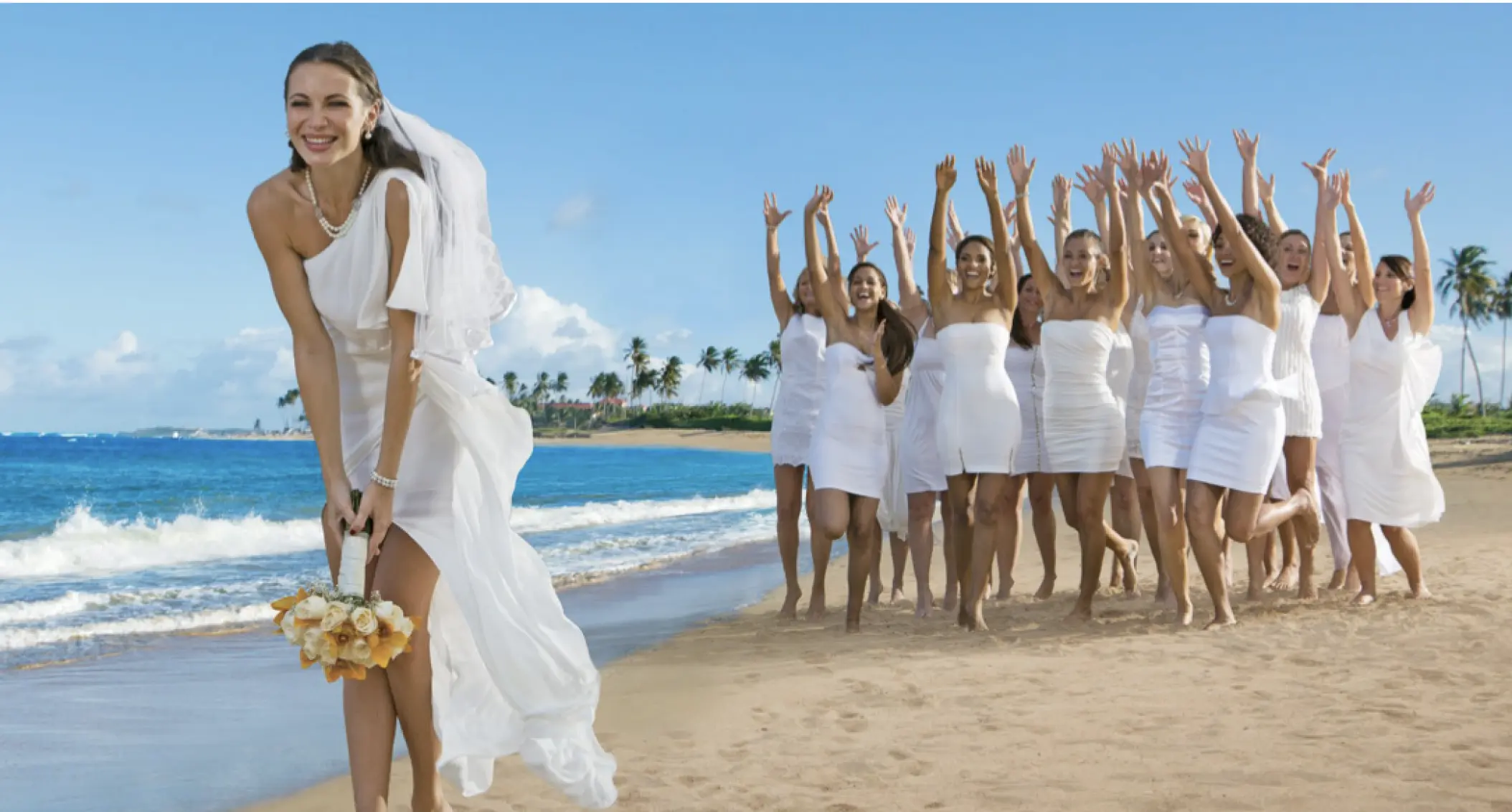 Bride about to toss her bouquet to bridesmaids on the beach at Breathless Cabo San Lucas