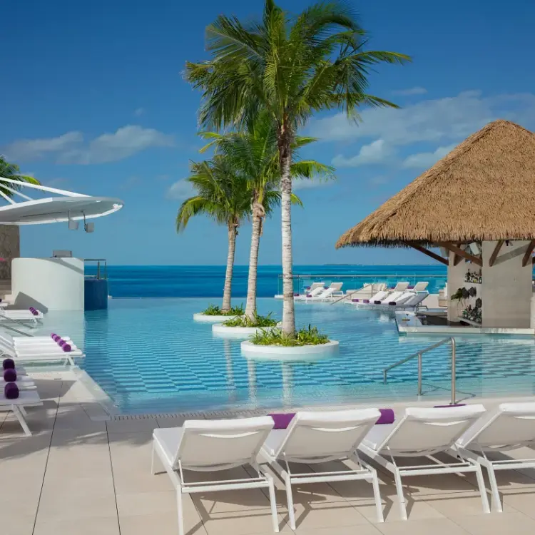 Rooftop infinity pool and thatched-roof bar at Breathless Cancun Soul, Cancun