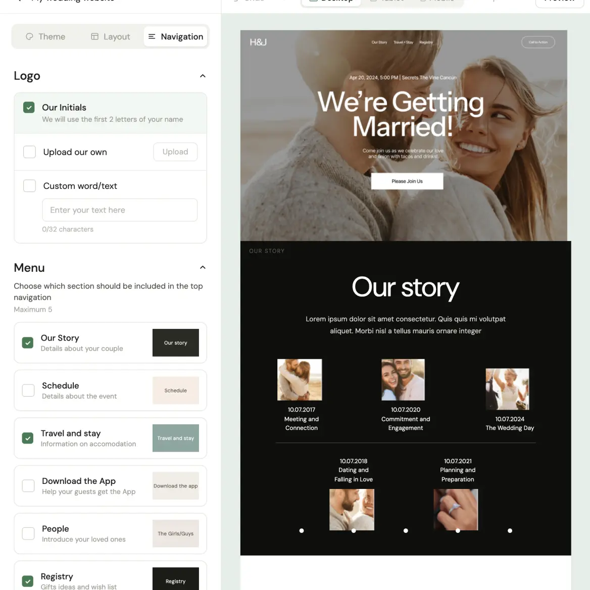 The Paradise Weddings website builder showing a customizable wedding website template