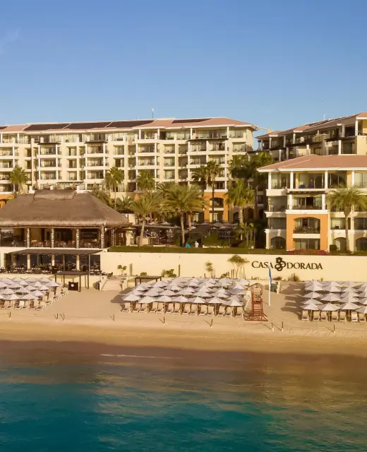 Aerial view of Casa Dorada and its private beach club, Cabo San Lucas