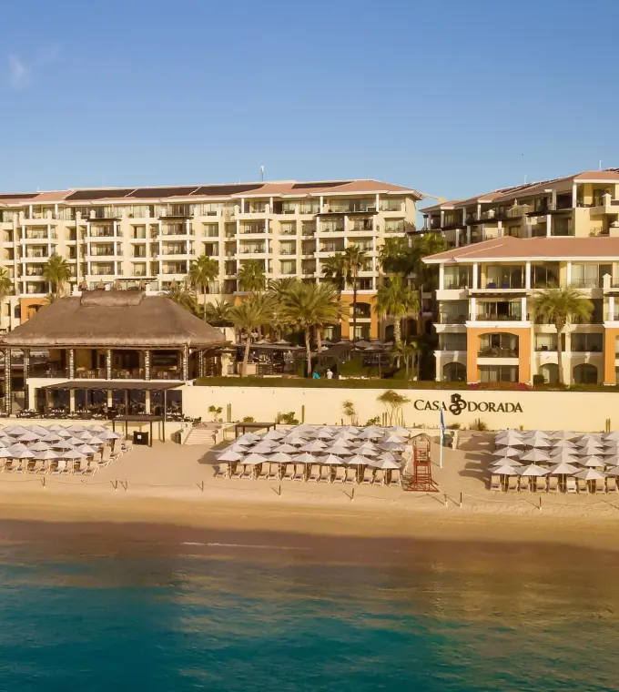 Aerial view of Casa Dorada and its private beach club, Cabo San Lucas