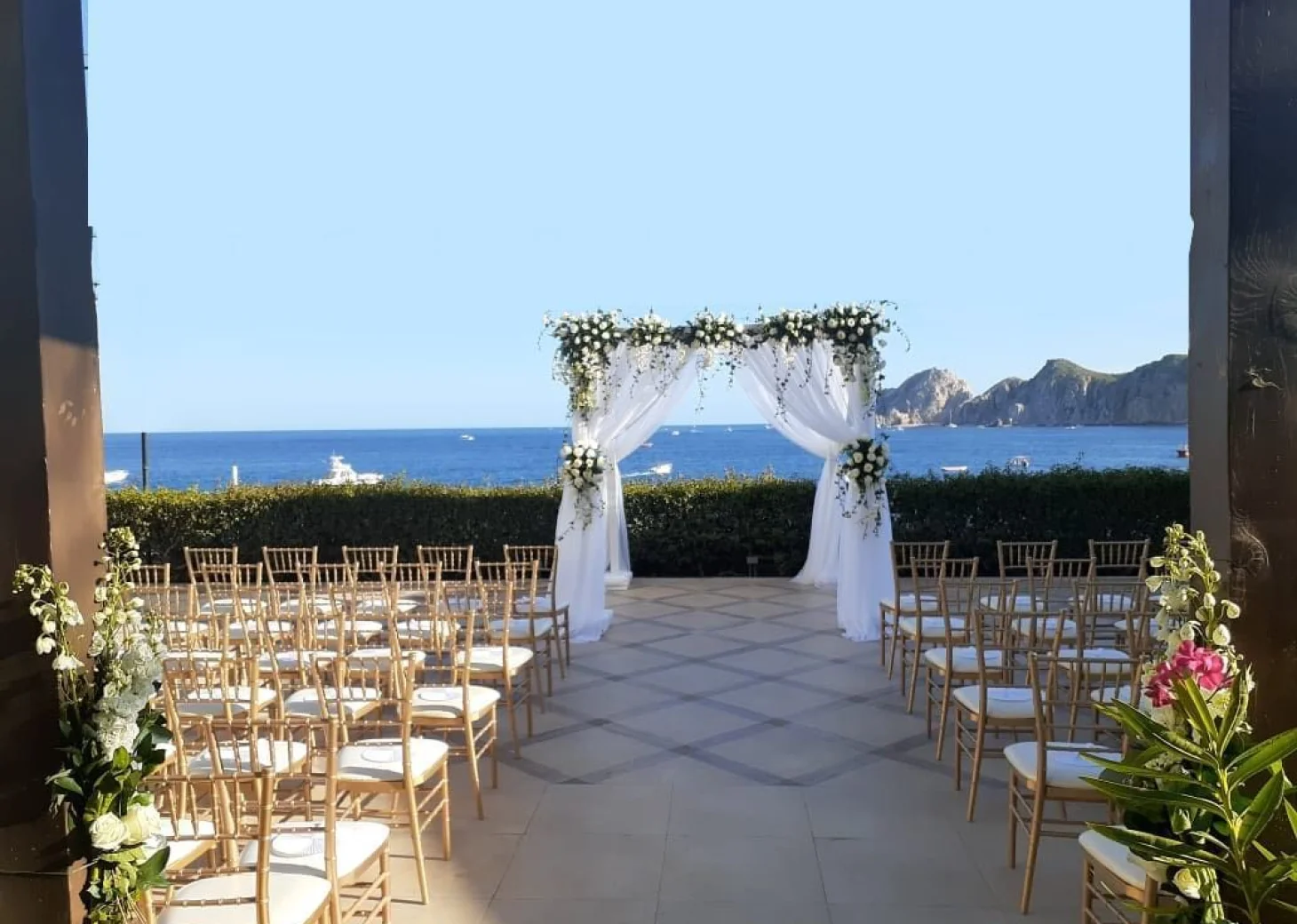 Ceremony decor on roof venue at Casa Dorada los cabos
