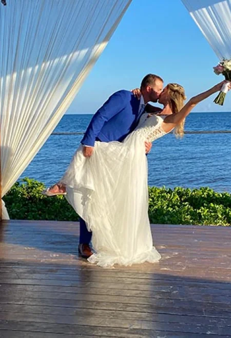 Groom and bride's first kiss