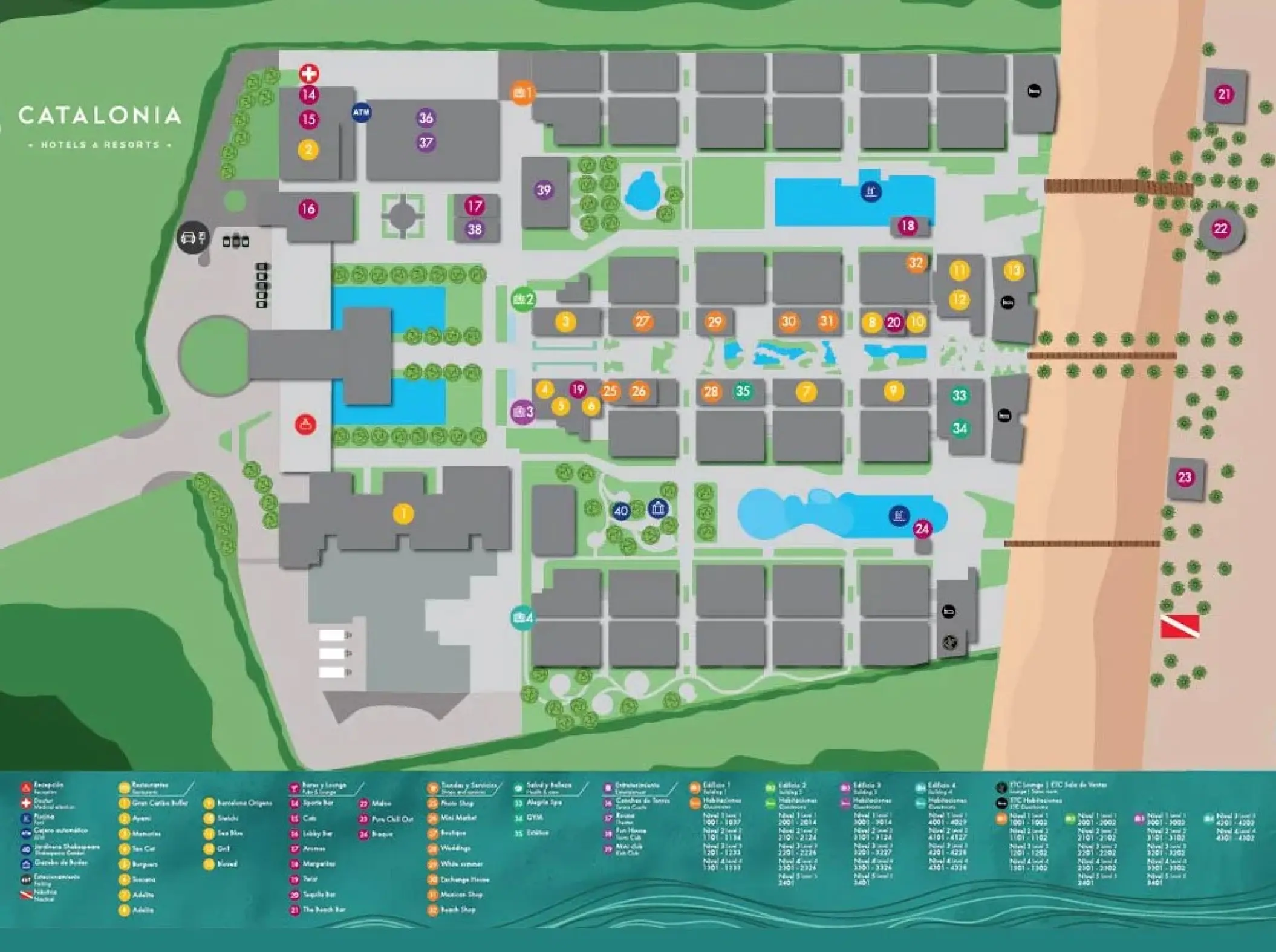 Resort map of Catalonia Grand Costa Mujeres showing guest rooms, pools, and beachfront, Cancun