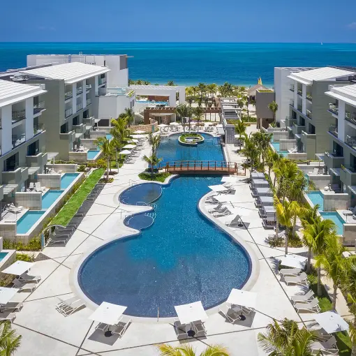 Catalonia Grand Costa Mujeres swimming pools and modern buildings, Cancun