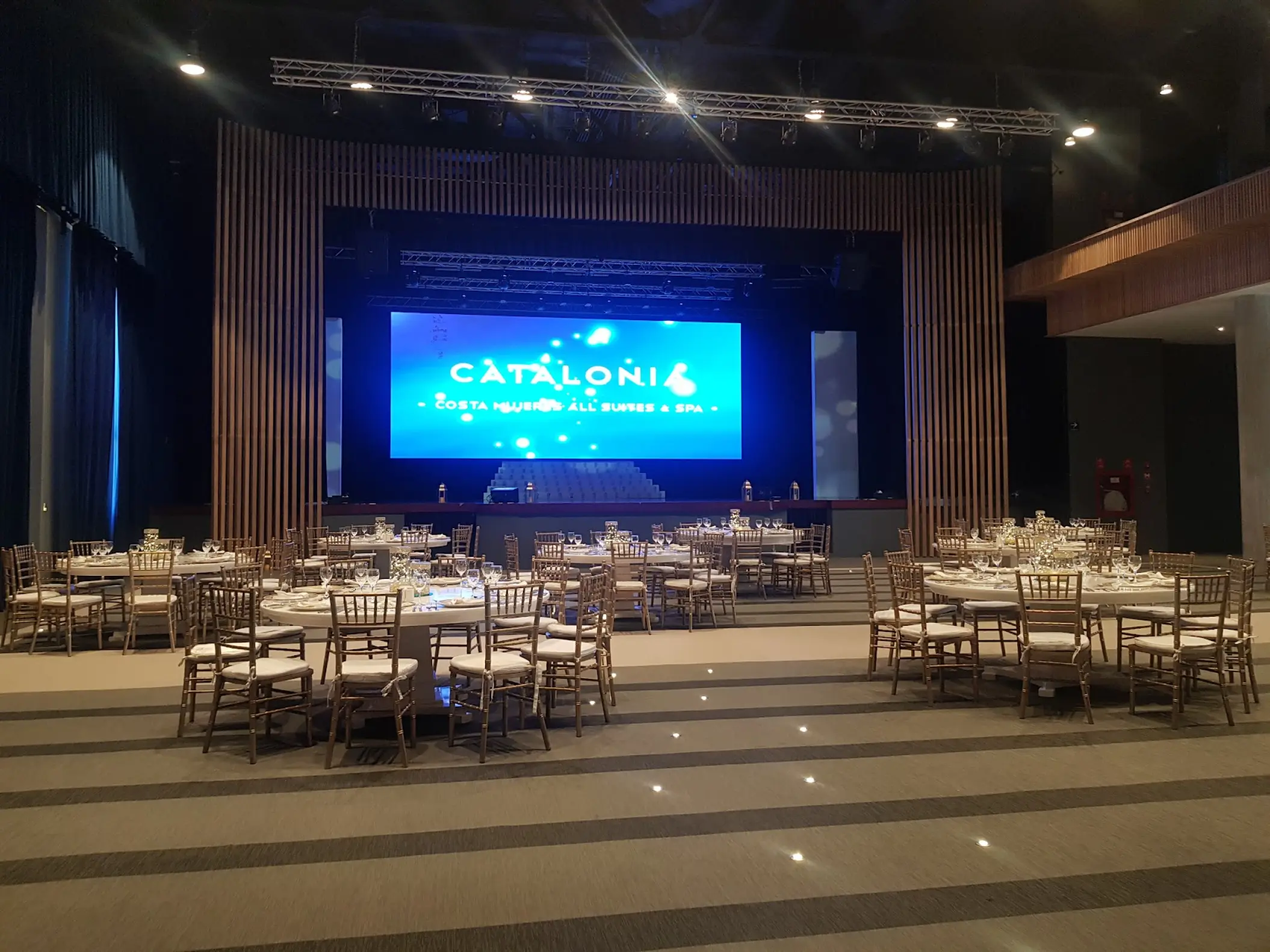 Ballroom wedding reception setup with circular tables and stage at Catalonia Grand Costa Mujeres, Cancun