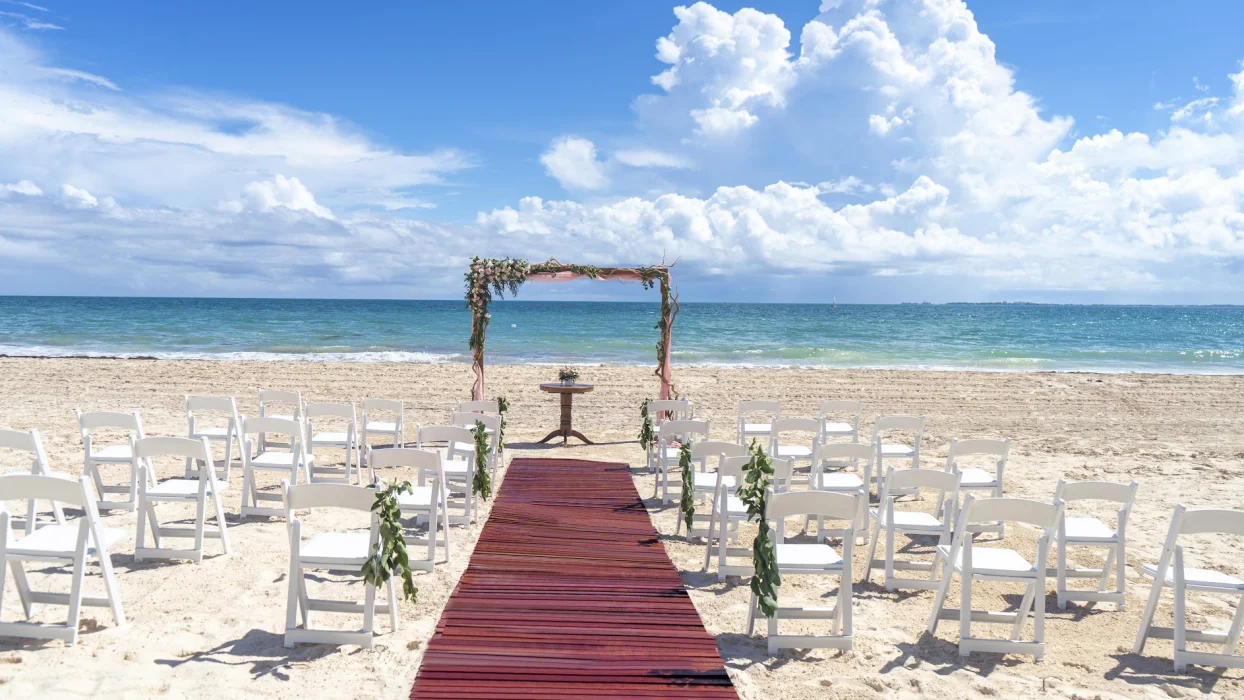 Ceremony decor on the beach  at Catalonia Grand Costa Mujeres