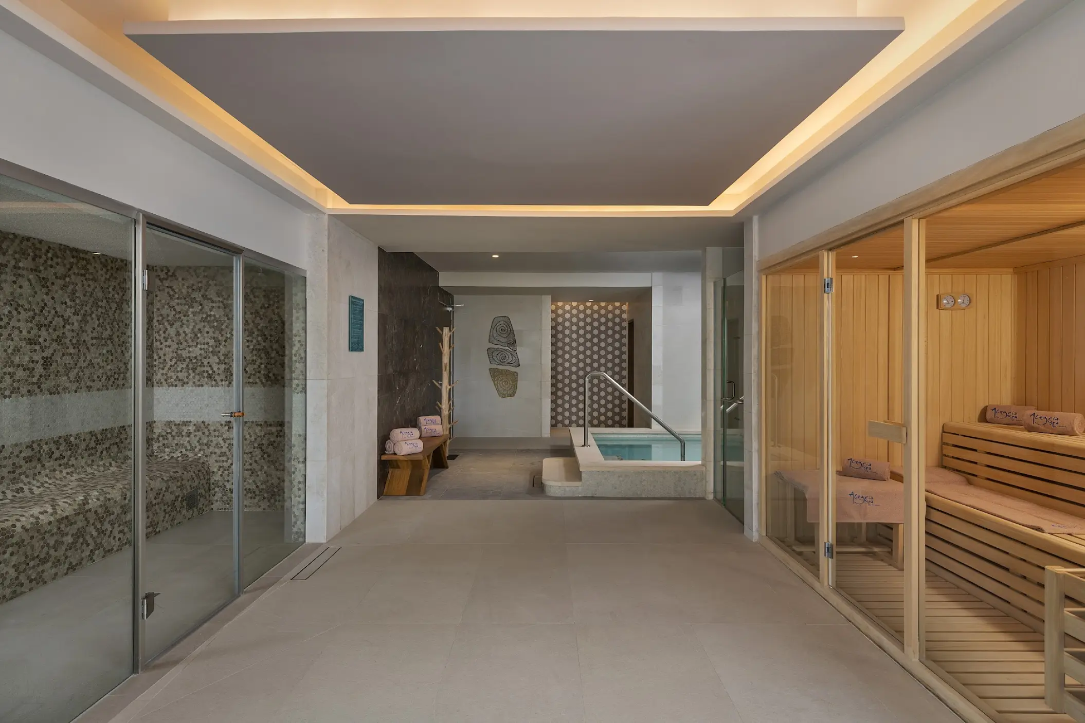 Modern spa facilities including a wood-paneled sauna and steam room at Catalonia Grand Costa Mujeres, Cancun