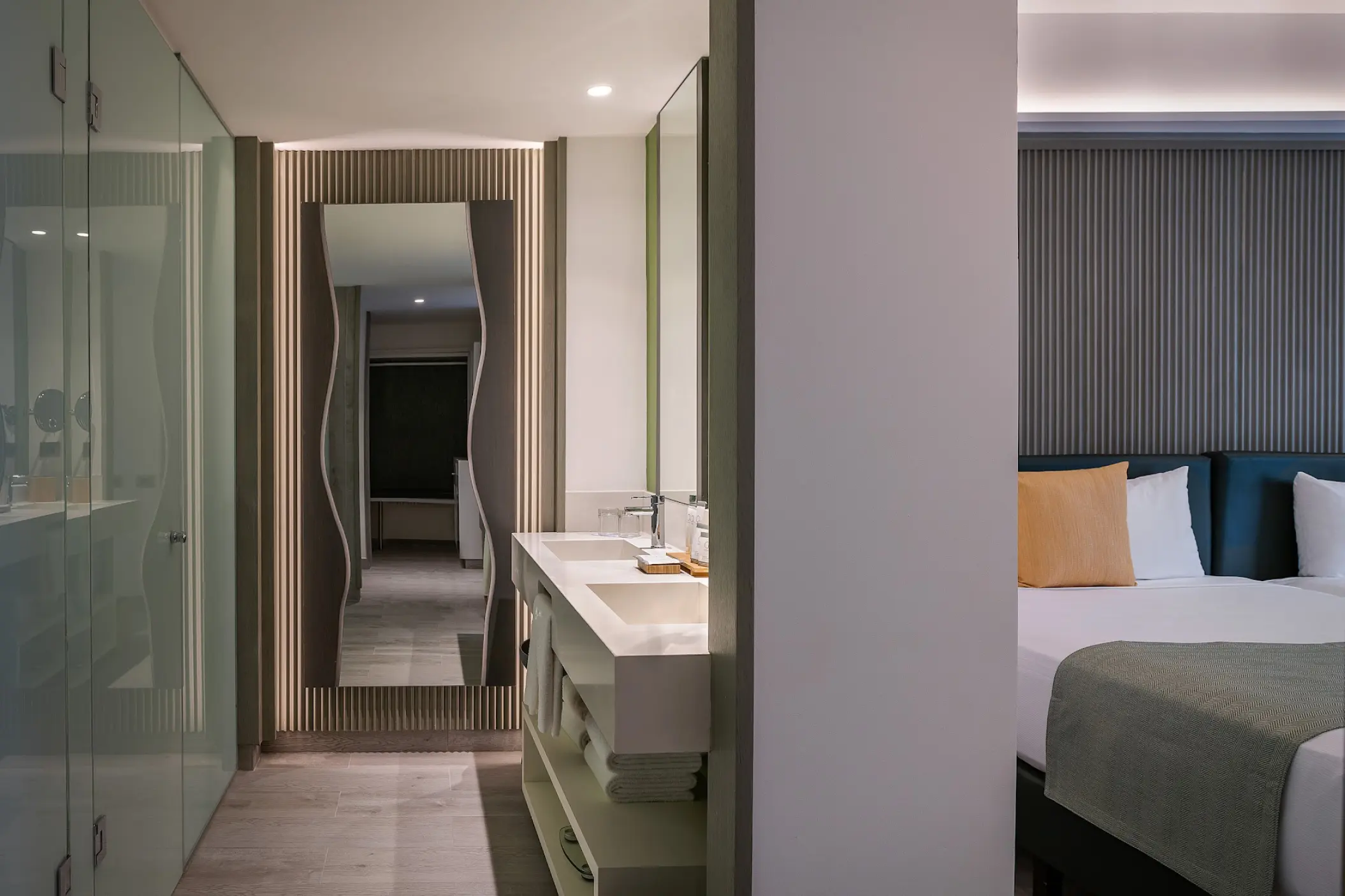 Superior family suite bathroom and bedroom at Catalonia Grand Costa Mujeres, Cancun