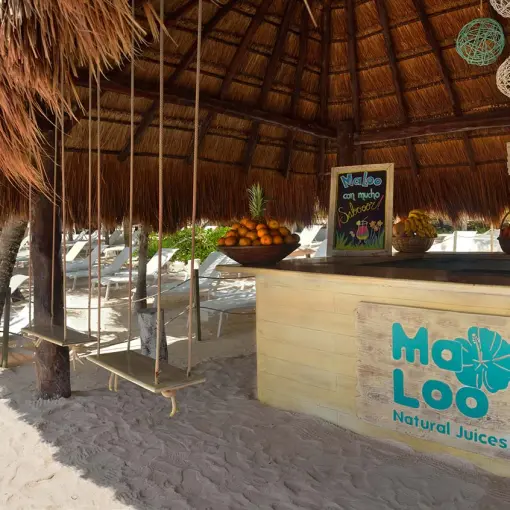 Ma Loo juice bar with wooden swing seats under a palapa at Catalonia Royal Tulum, Tulum