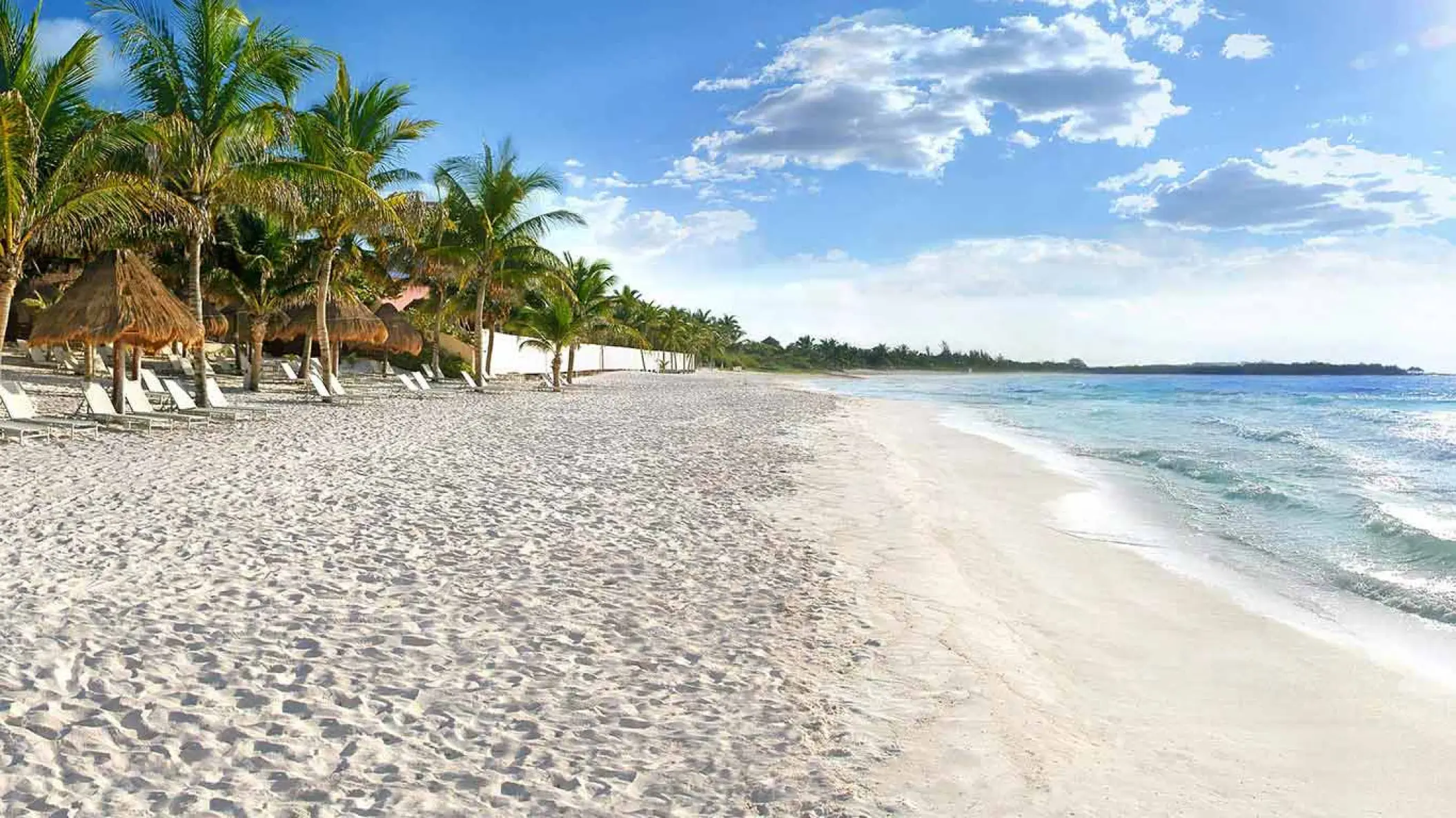 White sand beach with palm trees and palapa umbrellas at Catalonia Royal Tulum, Tulum