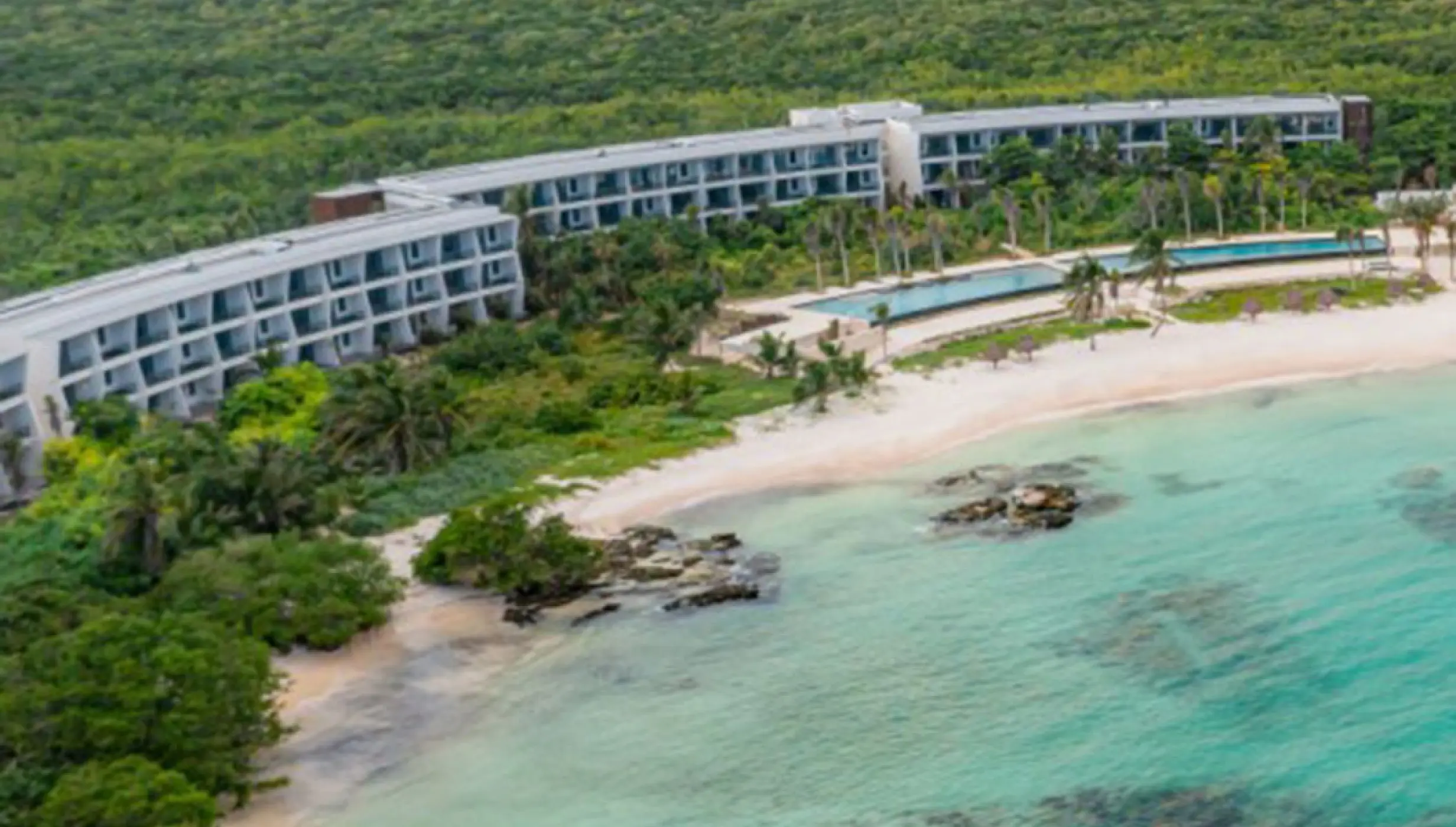Conrad Tulum aereal view of beach.