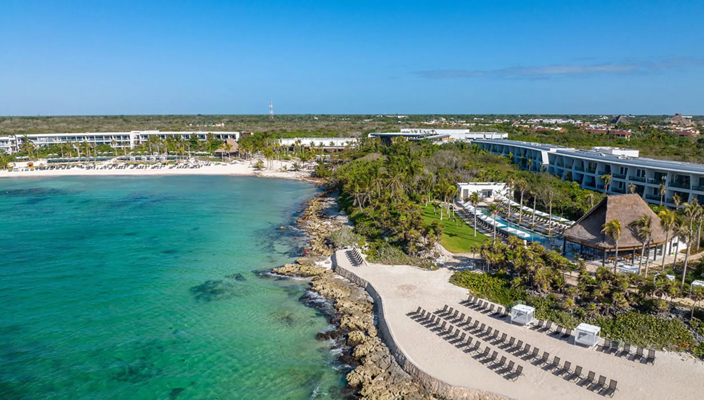 Aerial view of Carbon Beach at Conrad Tulum Riviera Maya.
