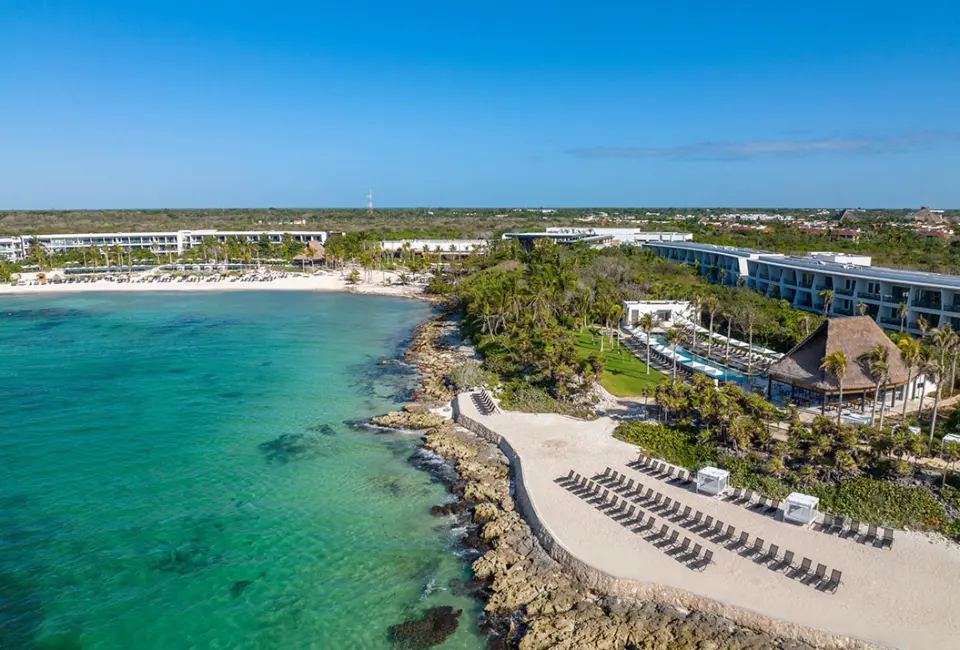 Aerial view of Carbon Beach at Conrad Tulum Riviera Maya.