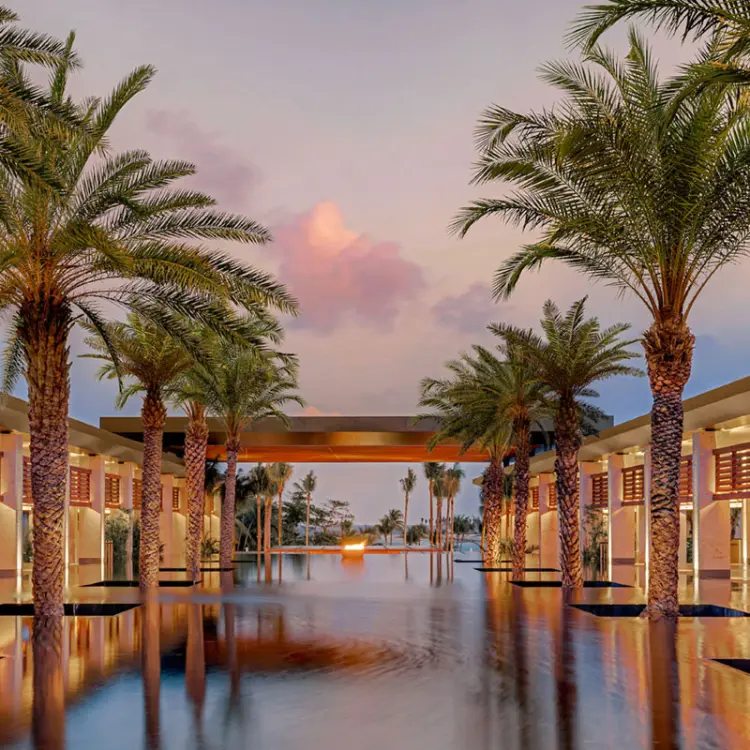 Palm trees and modern architecture reflected in a courtyard pool at Conrad Tulum, Riviera Maya