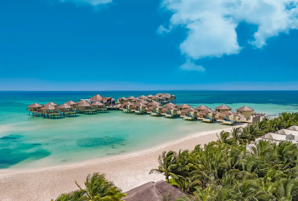 El Dorado Maroma overwater bungalows and white sand beach, Riviera Maya
